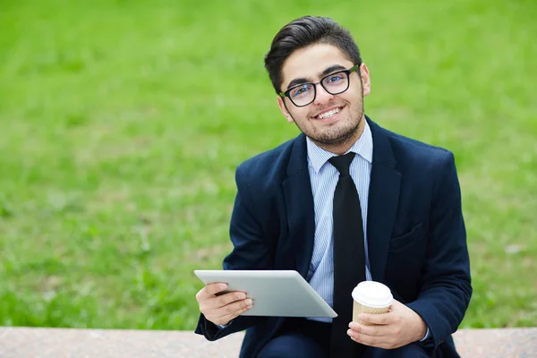 Businessman Gadget Drink Looking Camera — Stock Photo, Image