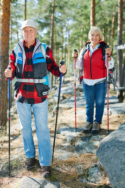 Aktív Vezető Férfi Trekking Botokat Nézi Kamerát Szellemesség Felesége Háttér — Stock Fotó