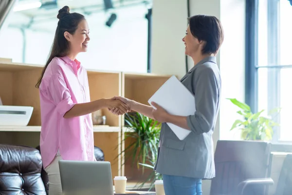 Happy Businesswomen Greeting One Another Handshake Negotiation — Stock Photo, Image