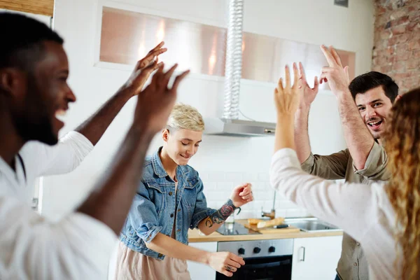 Two Happy Young Couples Dancing Home Party Kitchen — Stock Photo, Image