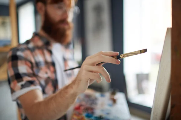 Human Hand Paintbrush Embodying His Ideas Easel — Stock Photo, Image