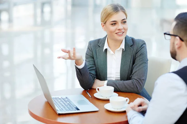 Femme Affaires Présentant Des Informations Financières Son Collègue — Photo