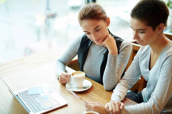 Dos Jóvenes Bonitos Amigos Reunieron Una Cafetería Con Ventanas Panorámicas — Foto de Stock