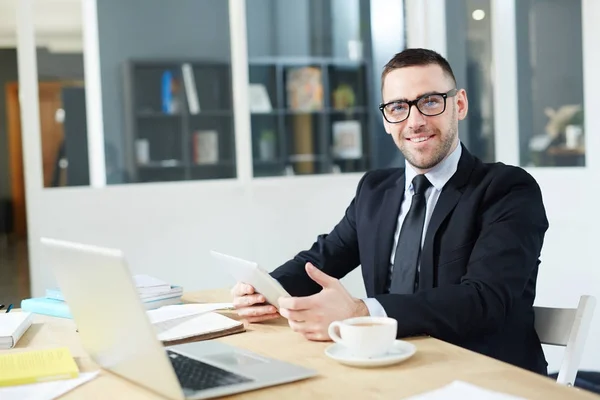 Happy Young Economist Gadget Sitting His Workplace — Stock Photo, Image