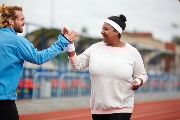 Happy Size Woman Giving High Five Her Personal Trainer While — Stock Photo, Image