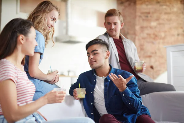Guy Cocktail Sitting Sofa Telling His Friends New Job — Stock Photo, Image