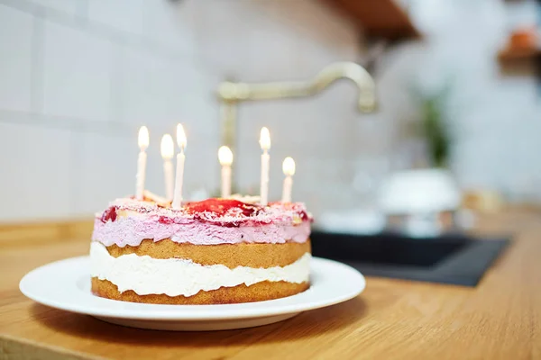 Fresh Tasty Homemade Birthday Cake Burning Candles Table — Stock Photo, Image