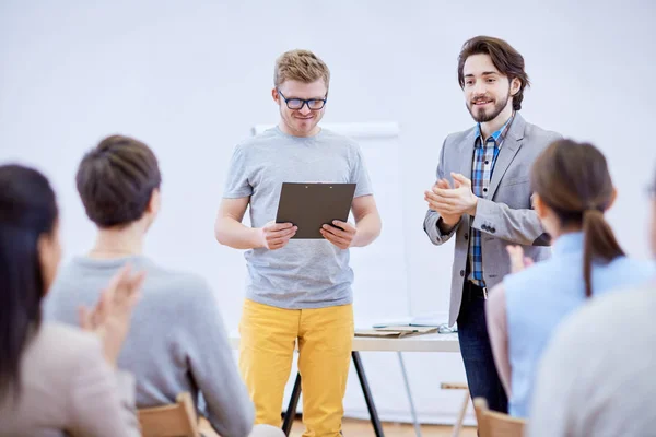 Business Coach Clapping His Hands While Looking Audience Report Young — Stock Photo, Image