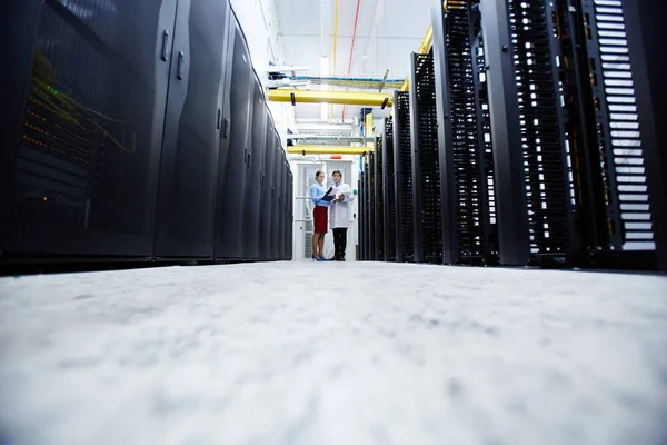 Young Mining Farm Staff Standing End Long Aisle Having Talk — Stock Photo, Image