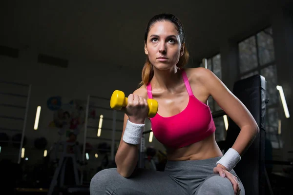 Young Female Active Wear Sitting Gym Exercising Dumbbell — Stock Photo, Image