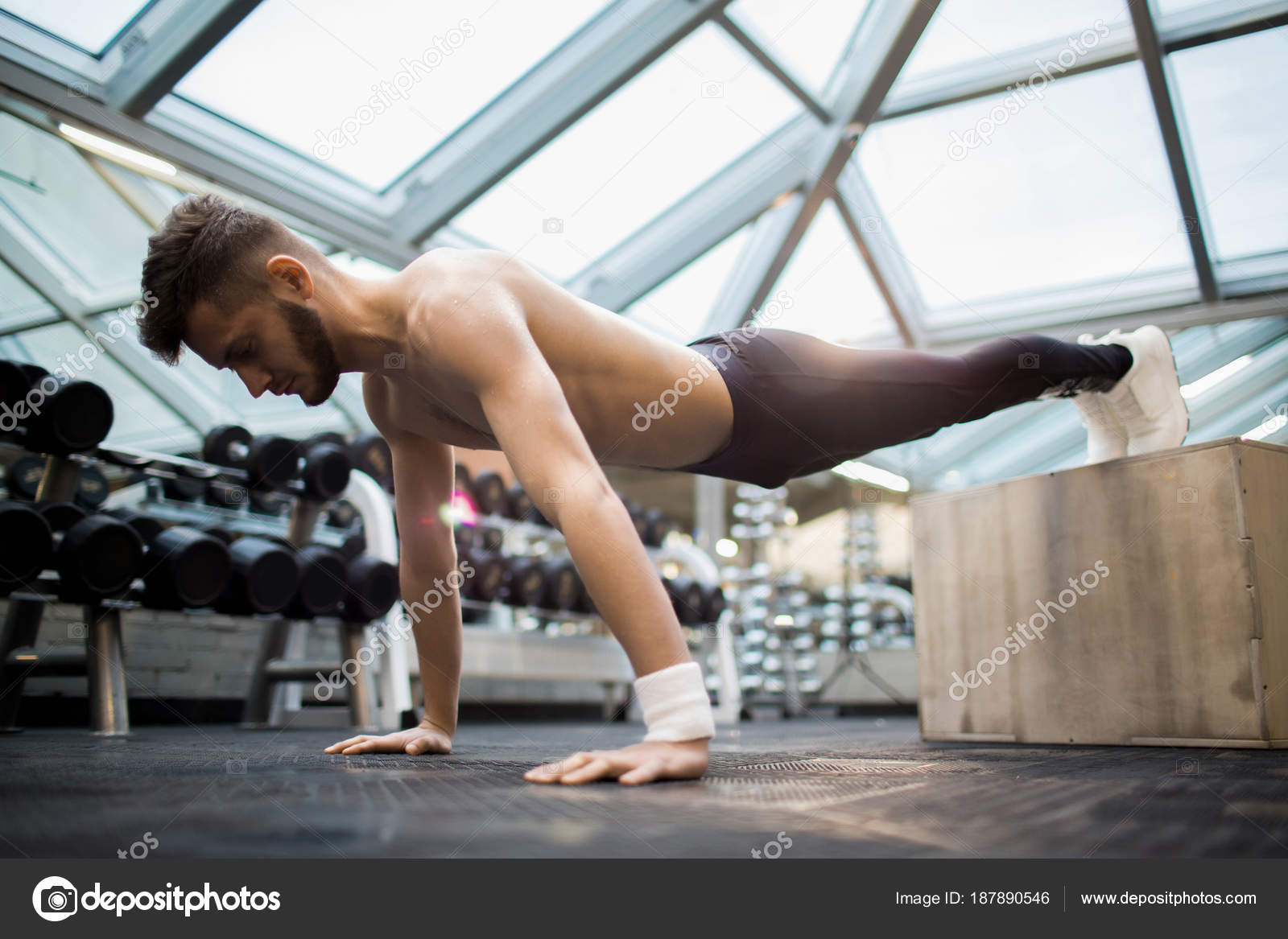 Young Sporty Man Doing Push Ups His Hands Floor Feet Stock Photo