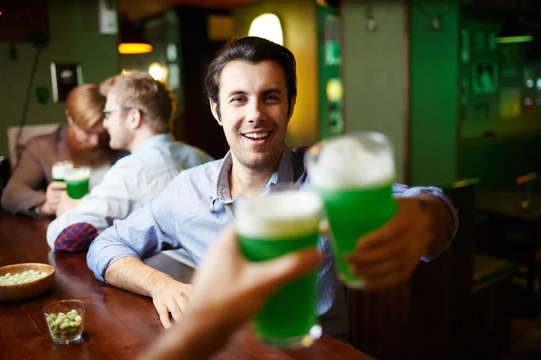 Ecstatic Man Toasting One His Friends While Spending Evening Pub — Stock Photo, Image