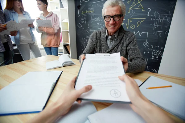 Senior Teacher Lauding Student While Giving Him Back Paper Excellent — Stock Photo, Image