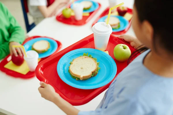 女学生在午餐休息时随身携带带三明治的红色塑料托盘 玻璃杯和绿色苹果 — 图库照片