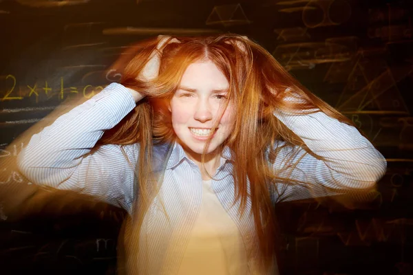 Smiling Teenage Girl Ruffling Her Long Ginger Hair Hands Having — Stock Photo, Image
