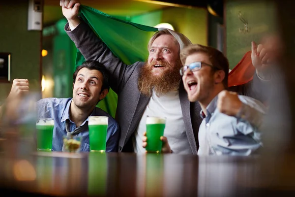 Group of excited men with beer and national irish flag watching football match in pub