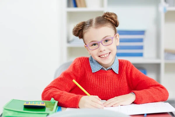 Cute Schoolgirl Yellow Crayon Drawing Lesson Her Desk — Stock Photo, Image