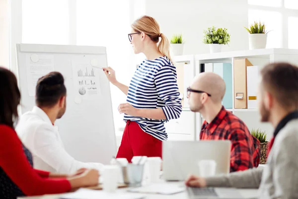 Business Lady Leraar Staande Door Whiteboard Wijzend Financieel Document Terwijl — Stockfoto