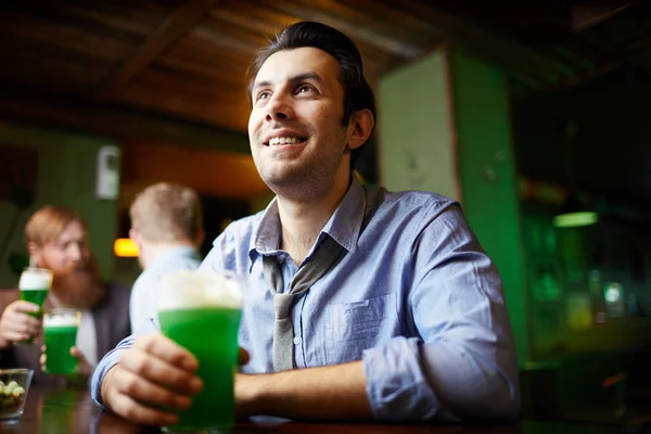 Happy Young Man Beer Enjoying Time Pub While Sitting Bar — Stock Photo, Image