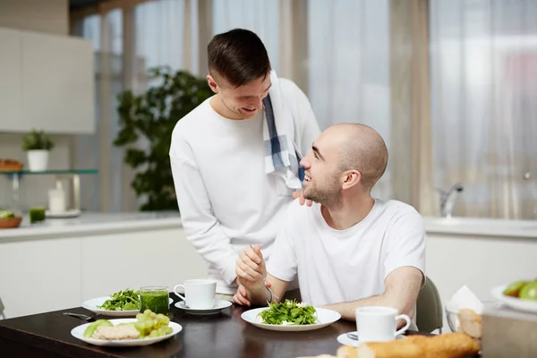 One Gay Men Eating Salad Fresh Green Vegs Talking His — Stock Photo, Image