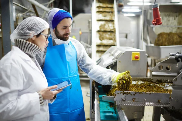 Jovens Especialistas Controle Alimentos Consultando Enquanto Estimam Qualidade Salada Algas — Fotografia de Stock