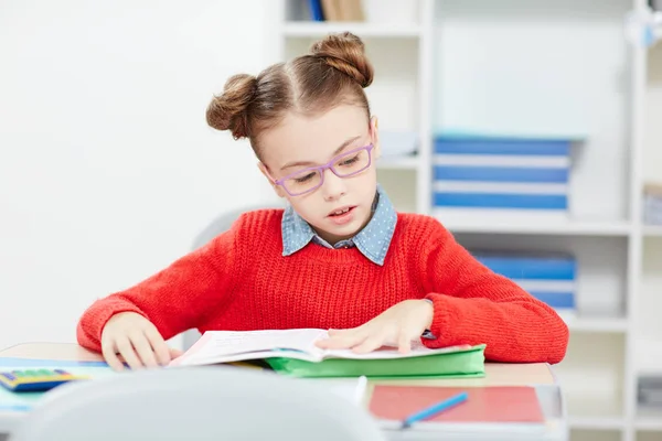 Clever Schoolkid Reading Interesting Book Desk Lesson — Stock Photo, Image