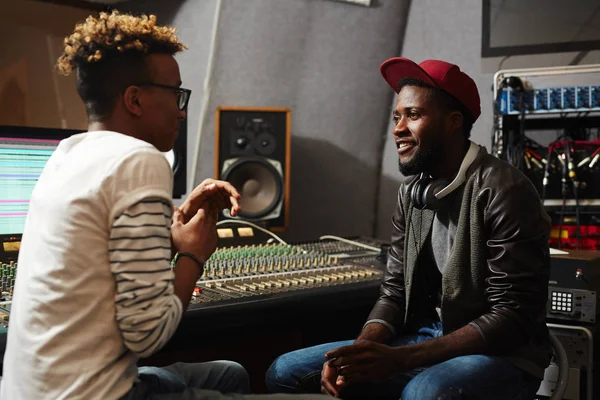 Hipster Guy His Colleague Sitting Soundboard Studio Records Interacting — Stock Photo, Image