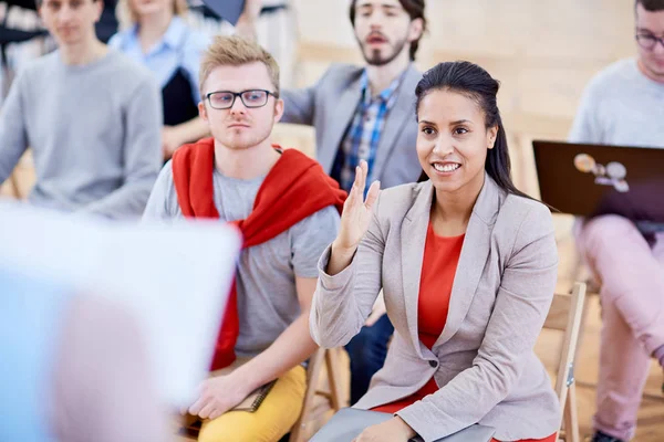 One Attendants Raising Her Hand Ask Question Speaker Making Report — Stock Photo, Image