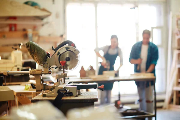 Electric Circle Saw Workplace Carpenter Two Professionals Working Background — Stock Photo, Image