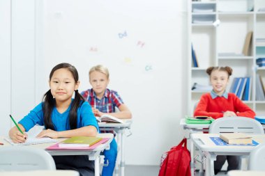 Masaları tarafından oturan ve ders kameraya bakarak İlköğretim çalışkan kültürlerarası öğrenenler grubu