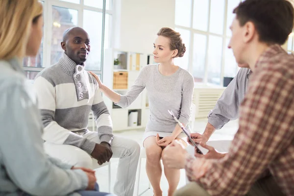 Psychological Session Contemporary Managers Sitting Circle Having Talk Working Problems — Stock Photo, Image