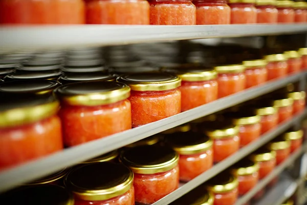 Salted Red Caviar Small Jars Standing Shelves Seafood Producing Plant — Stock Photo, Image