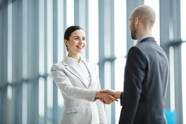 Succesvol Zakenvrouw Groet Haar Zakenpartner Door Handdruk Luchthaven — Stockfoto