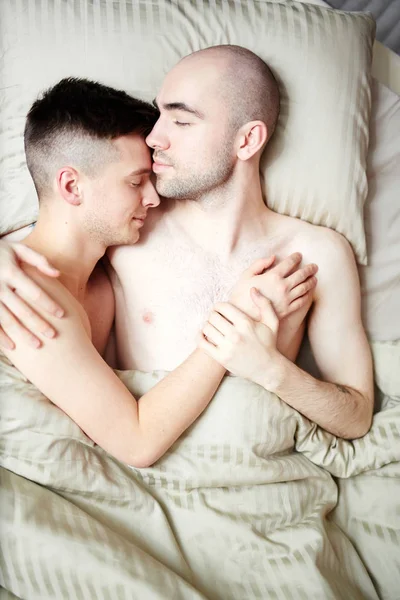 Young Homosexual Guys Sleeping Blanket Embrace — Stock Photo, Image