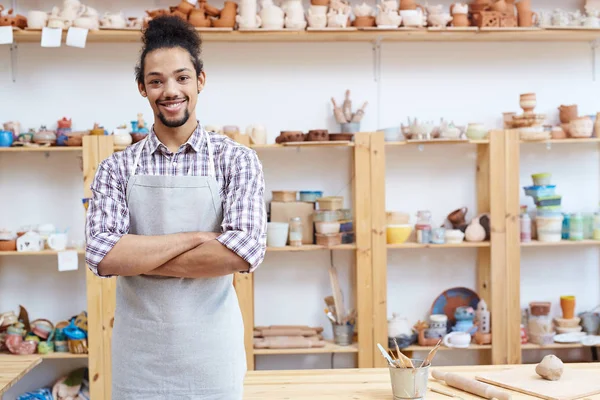 Happy Young Craftsman Apron Crossing His Arms Chest His Workshop — Stock Photo, Image