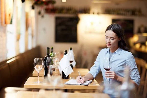 Young Female Sommelier Making Notes While Tasting Different Sorts Wine — Stock Photo, Image