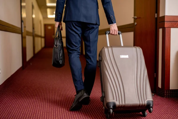 Rear View Low Section Elegant Businessman Suitcase Handbag Moving Corridor — Stock Photo, Image