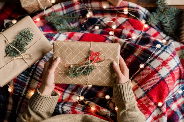 View Young Woman Wrapped Warm Checkered Plaid Holding Giftbox Conifer — Stock Photo, Image