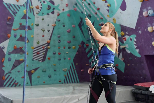 Genç Bayan Tırmanış Eğitmeni Duvarın Yanında Kayalarla Dikilip Yukarıya Bakarken — Stok fotoğraf