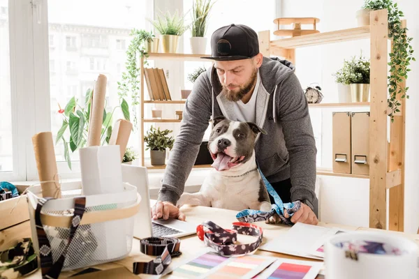 Ung Seriös Designer Casualwear Böja Över Bordet Framför Laptop Samtidigt — Stockfoto