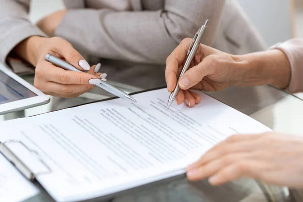 Human Hands Pens Financial Document Moment Putting Signature Discussing Its — Stock Photo, Image