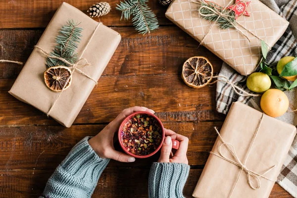 Top View Female Hands Holding Mug Hot Herbal Drink Giftboxes — Stock Photo, Image