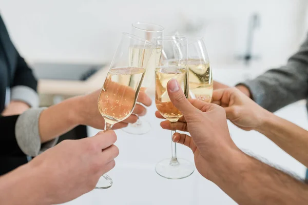 Hands Young Friends Holding Flutes Sparkling Champagne Clinking Them While — Stock Photo, Image