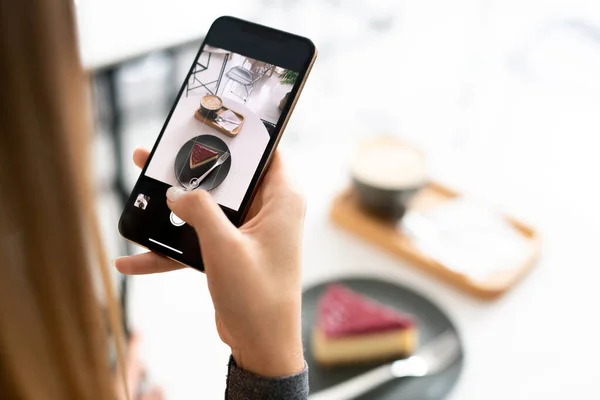 Cup Aromatic Cappuccino Tiramisu Cake Touchscreen Smartphone Held Young Woman — Stock Photo, Image