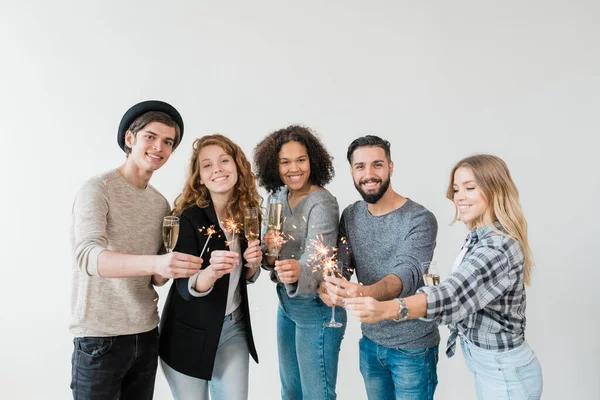 Group Young Excited Multicultural Friends Casualwear Toasting Flutes Champagne Holding — Stock Photo, Image