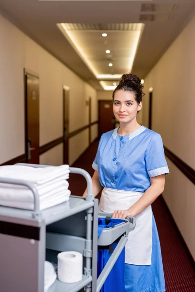 Hübsche Junge Zimmermädchen Schaut Dich Während Sie Karte Mit Sauberen — Stockfoto