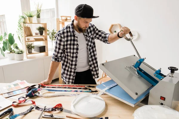 Young Creative Man Printing Sticking Decor One Pet Collar Workpieces — ストック写真