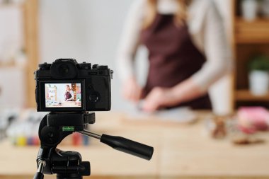 Ev kamerasındaki yaratıcı genç kadın aboneleri için sabun kaydediyor.