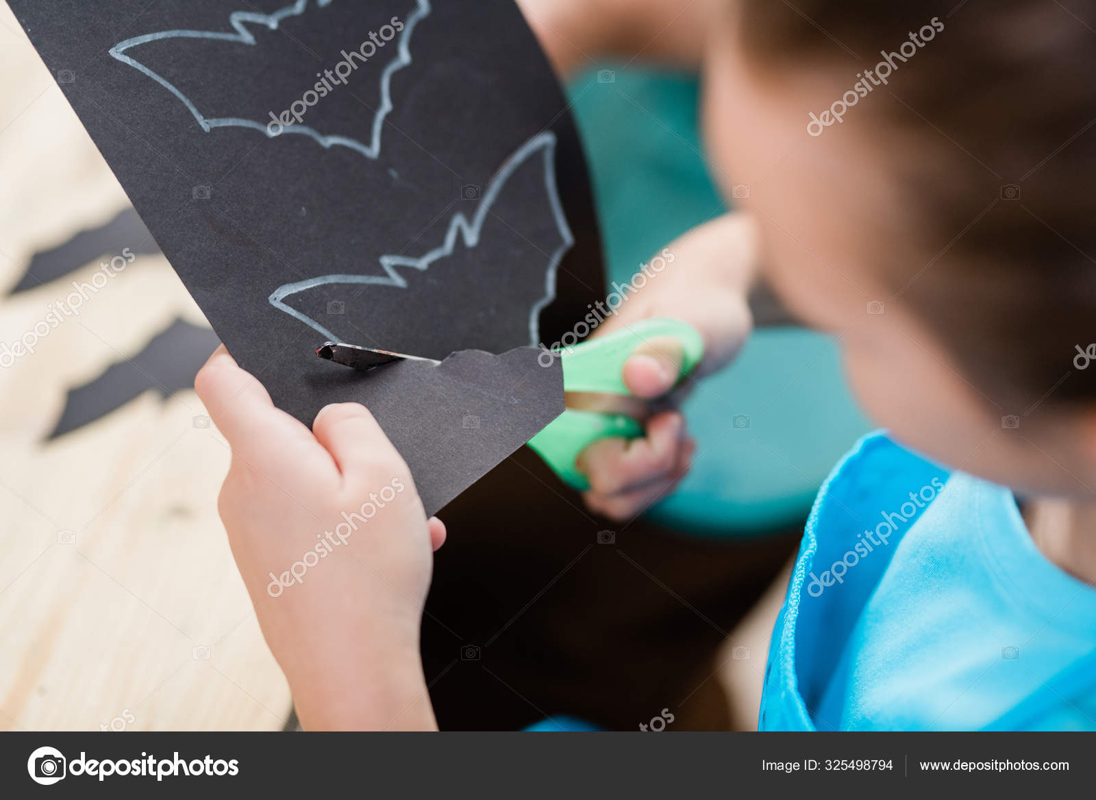 Hands Elementrary Schoolgirl Scissors Cutting Out Bat Black Paper
