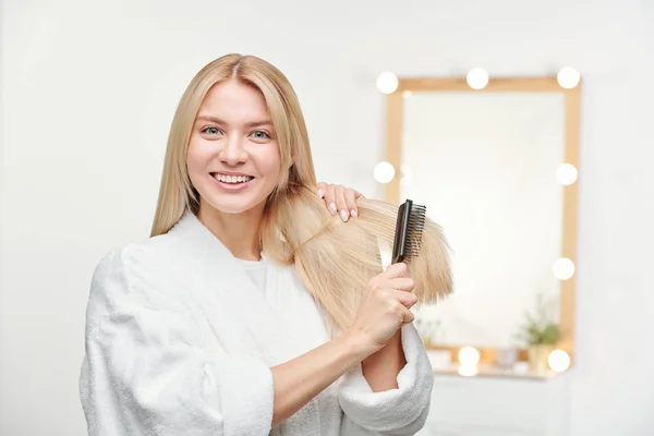 Happy Healthy Young Woman Toothy Smile Brushing Her Long Blond — Stock Photo, Image